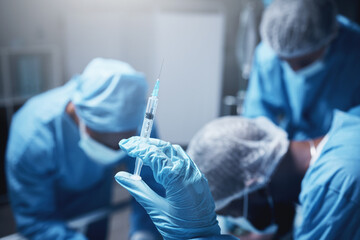 Doctors, nurses or hands with surgery needle in anesthesia treatment, morphine pain killer or narcan adrenaline for patient. Zoom, healthcare worker or medicine syringe for operation medical teamwork © J Bettencourt/peopleimages.com