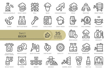 Set of conceptual icons. Vector icons in flat linear style for web sites, applications and other graphic resources. Set from the series - Beer. Editable outline icon. 