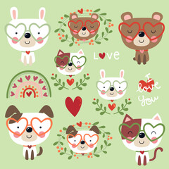 illustration of 4 stuffed animals, a rabbit, a cat, a dog and a bear. They are wearing heart-shaped glasses and different decorations with leaves and hearts and a rainbow.