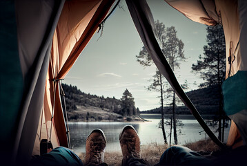 Man lying in a tent watching lake view. Feet out of a tent with an amazing view on a lake image created with Generative AI technology.