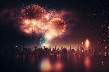 Fototapeta na wymiar city fireworks celebration, generative ai composite