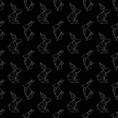 Seamless pattern with contour origami rabbits on black background. Symbol of Chinese of New year. Vector texture with outline polygonal hares