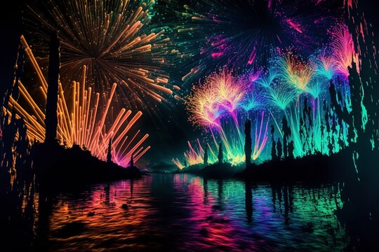 river view of neon fireworks l fireworks, generative ai composite