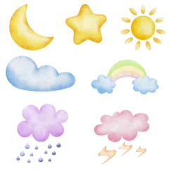 Fototapete Rund set of weather icons , hand drawn watercolor illustration isolated on white background.  © JamieDesign