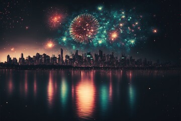 fireworks over city and lake, generative ai composite