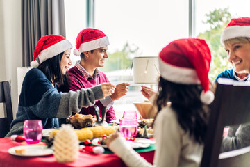 Portrait of happy love big family party celebrating having fun thanksgiving and eat food together enjoying spending time together at home