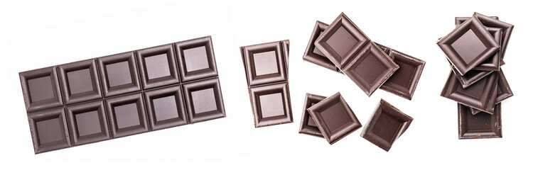 Bitter dark chocolate bar and chopped chocolate pieces isolated on white background, top view