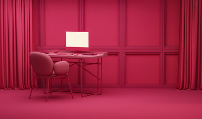 Viva magenta is a trend colour year 2023 in the working room. Minimal idea concept for study desk and workspace. Feminine copy space template. Mockup template, 3d rendering