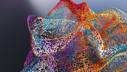 3d render of abstract art 3d background with surreal motion moving festive wavy party balls sphere particles liquid substance in blue purple yellow gradient color