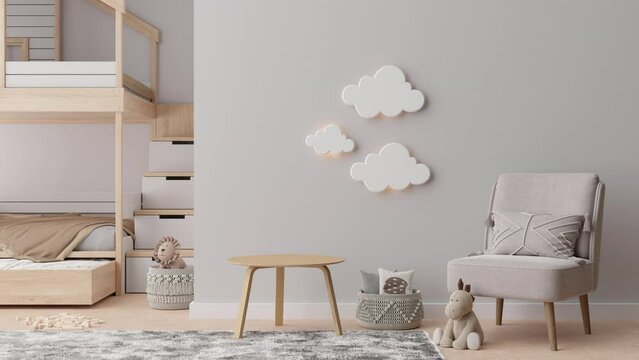 Kids room interior in contemporary, Scandinavian style. Modern childrens room interior design, planning. Wooden bed, armchair, rattan basket, toys. Cozy room for child. Interior designer. 3D animation