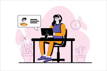 Support purple concept with people scene in the flat cartoon style. Support worker helps the client to solve his problems. Vector illustration.