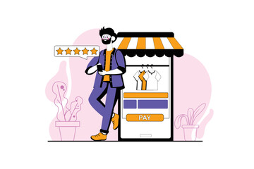 Satisfied customer purple concept with people scene in the flat cartoon design. Man gave the best review on the store's website. Vector illustration.