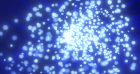 Abstract flying small round blue glowing particles of bokeh and glare with shiny energetic magical glowing rays on a dark background. Abstract background