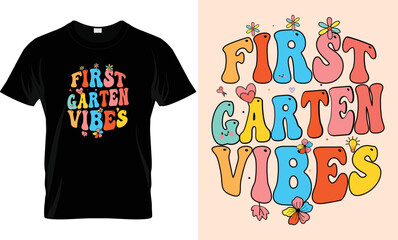 : back to school t shirt Design, Unique And Colorful 100 days School T-Shirt Design, first garten vibes t- shirt. Congratulatory lettering for the celebration of the hundredth day of the student.