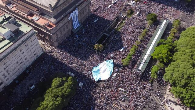Argentina Fans Rising Big Flag, Celebrating Football soccer World Cup Qatar 2022