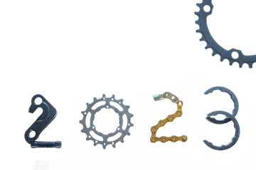 2023 concept number made from bicycles part isolated on white background. Happy New Year 2023 greeting card concept