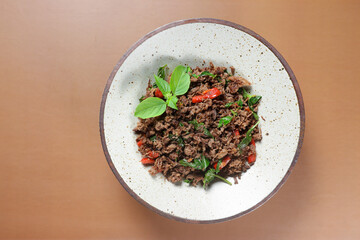 Pad Kra Pao is a Thai holy basil stir fry with ground beef. 