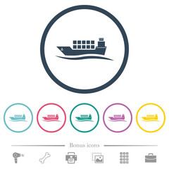 Freighter with wave flat color icons in round outlines