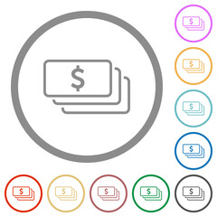 American dollar banknotes outline flat icons with outlines