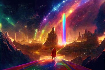 Asgard golden city floats in space cosmos stars rainbow, Generative AI