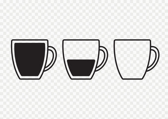 Mug icons set. Set of mugs with different fill levels in vector.