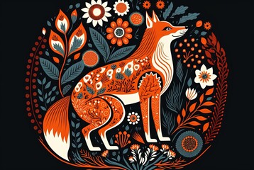 Norwegian folk art style illustration of a red fox in forest
