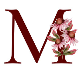 Burgundy Red Alphabet Letter M With Hand Drawn Autumnal Boho Floral Composition. Watercolour Dahlia Flower Isolated on White Background. Fall Floral Clipart Perfect For Greetings, Invitations Designs