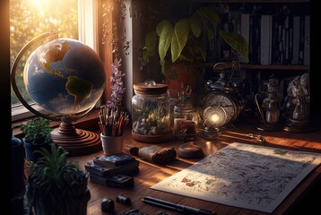illustration of beautiful archeologist working table with earth globe, map, pen and fancy things - obrazy, fototapety, plakaty