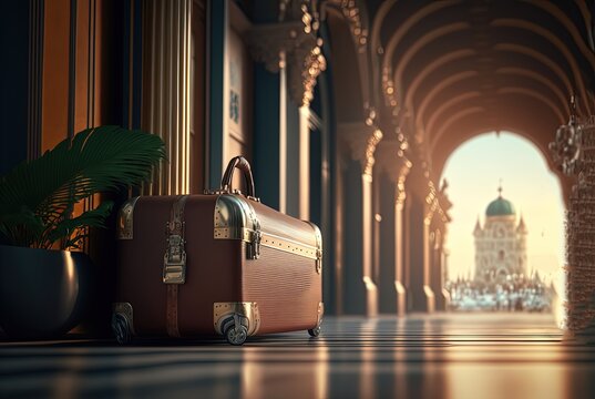 illustration in concept of travel in theme of vintage peaceful scenic, travel luggage with morning light with beautiful travel landmark as background