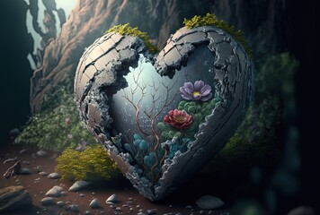 surreal illustration of a heart of rock and vine