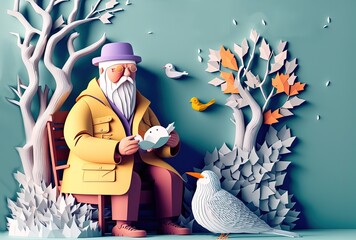 paper craft style illustration of an old man with bird  - obrazy, fototapety, plakaty