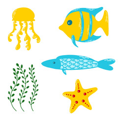Underwater aquatic animals. Vector illustration set. Cartoon cute starfish, seaweed, jellyfish, fishes.