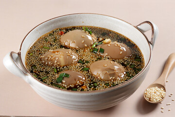 Mayak Gyeran is Korean Marinated Eggs with soy sauce, chili, garlic, honey, water, spring onion and sesame seed. 