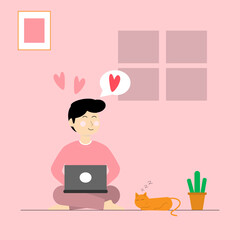 Vector illustration cartoon man sitting using laptop with cat in living room feels falling love cpncept