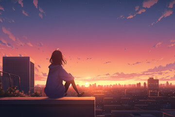 Fototapeta premium Girl sitting on rooftop watching beautiful sunset over city. Anime style wallpaper. AI
