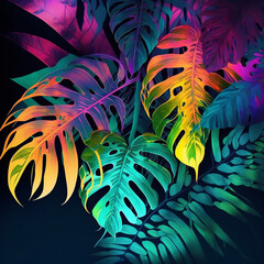 colorful tropical leaves on black background, leaves composition, floral background, manstera, palm leaves. Tropical dark trend jungle in neon illuminated lighting. 