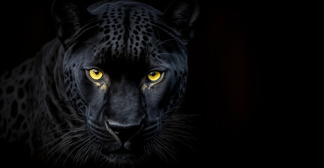 Fototapety  Front view of Panther on black background. Wild animals banner with copy space. Predator series. digital art 
