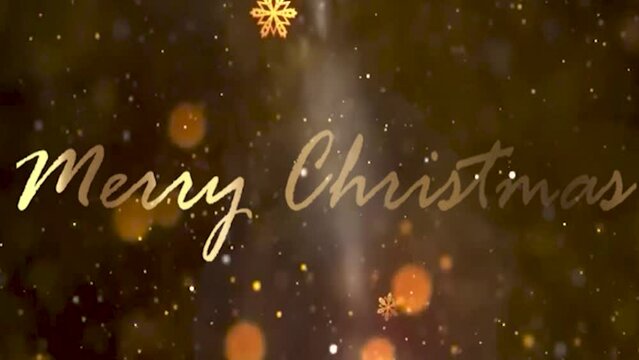 Merry Christmas golden text animation with snow particles and snowflakes