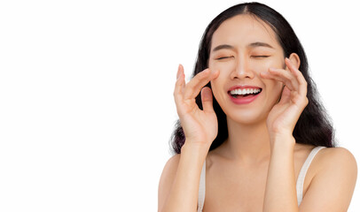 Fototapeta premium Beauty and skin care concept. Young asian woman long hairstyle clean clear facial skin posing on white background.