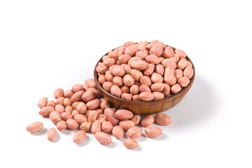 Raw peanuts in a wooden plate isolated on white background.