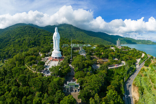 Aerial view of the Linh Ung pagoda - Son Tra Penisula - Da nang - Viet Nam