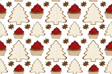 Seamles pattern with coffee cups, spice and cookies. Christmas collection, hand drawing illustration