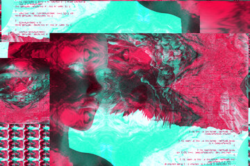 3d portrait of a man with glitch effect. Cyberpunk style. Conceptual image of artificial intelligence.Virtual reality. Deep Learning and Face recognition systems.