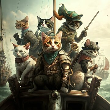 A pirate cats in the battle on the ship in the sea, Generative AI