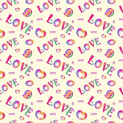 Pattern for the day of lovers from bright multi-colored inscriptions of love. Beautiful, bright, festive, childish, seamless printing background, wrapping gift paper, wallpaper