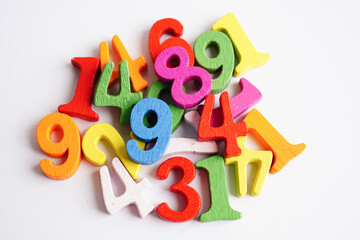 Fototapeta premium Number wood block cubes for learning Mathematic, education math concept.