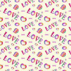 Pattern for the day of lovers from bright multi-colored inscriptions of love. Beautiful, bright, festive, childish, seamless printing background, wrapping gift paper, wallpaper