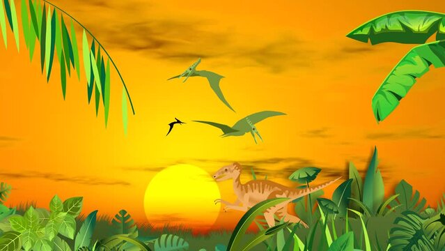 Dinosaurs walking in prehistoric landscape, cartoon 2d animation