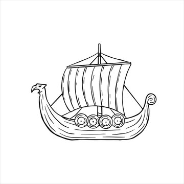 Viking boat. Nordic Drakkar, Swedish warship. Longship with oars. Cartoon scandinavian sailboat