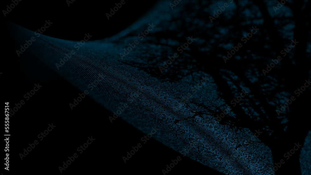 Poster Textured wave of particles. Visualization of technological connections. Molecular connection of particles in space. A wave of atoms. 3d rendering.